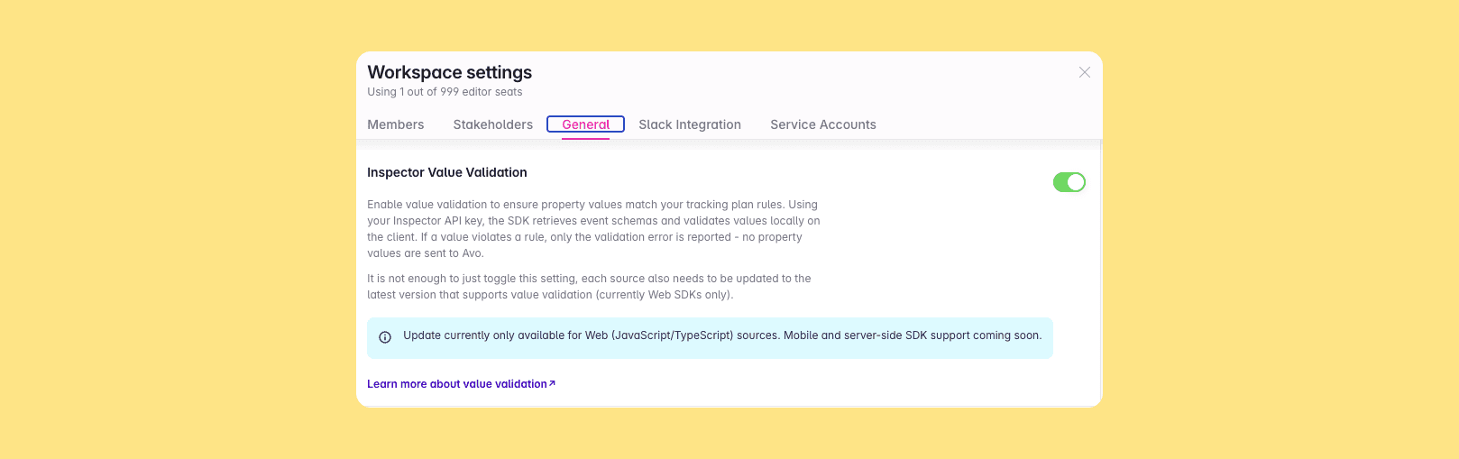 Inspector settings with property value validation enabled